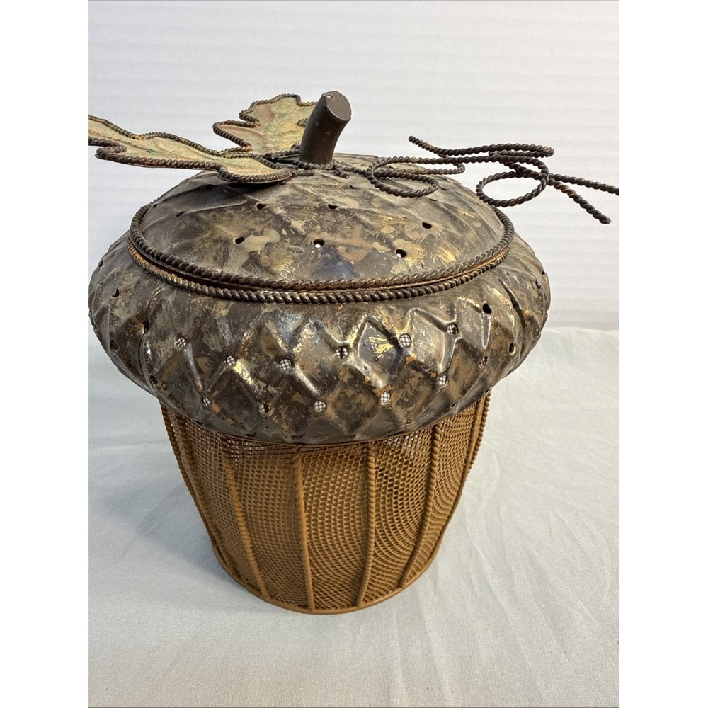 Vintage Metal Mesh Acorn Basket Lidded Decorative Trinket Jar Fall Harvest Decor - Picture 3 of 9